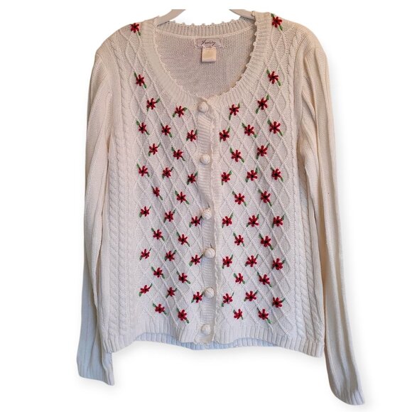 Freeway Vintage White Poinsettia Holiday Cardigan Embroidered Cozy Office Knit L - Picture 2 of 8